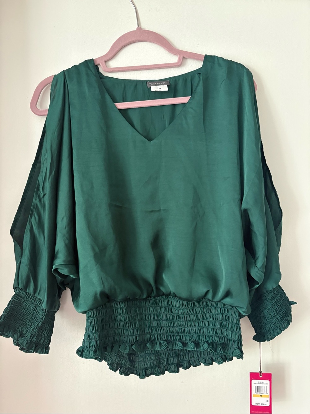 Vince Camuto Deep Green V-Neck Smocked Waist Blouse